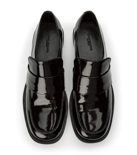 Tony Bianco Rovin Black Hi Shine 2.5cm Loafers Black | AMYDF35169