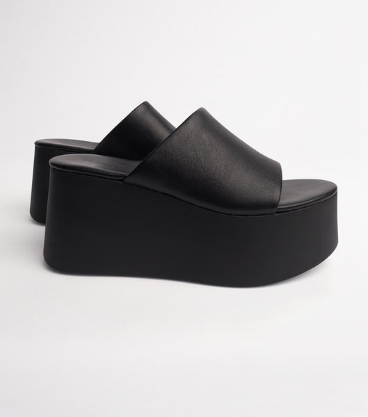 Tony Bianco Tegan Black Sheep Nappa 9.5cm Wedges Black | MMYFT25451